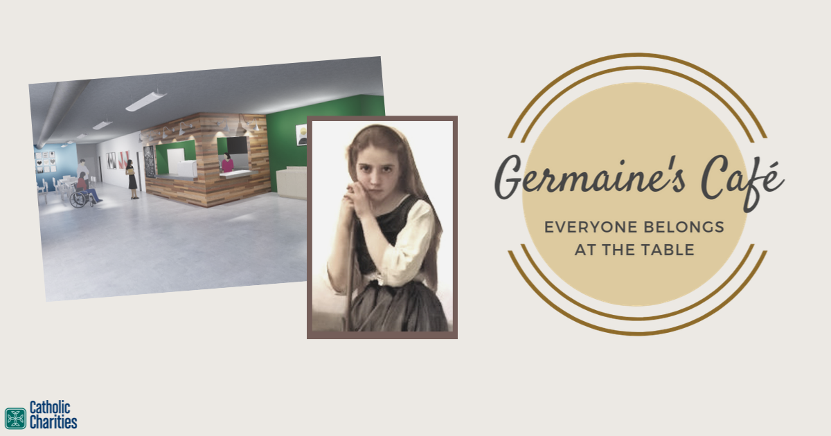 Mock-up artwork of Germaine's Cafe next to a picture of St. Germaine Cousin and the Germaine's Cafe logo