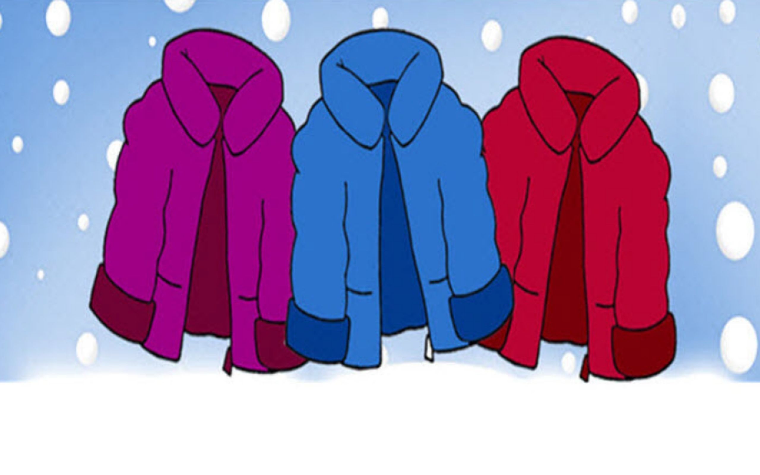 cartoon coats in front of a snowy backdrop