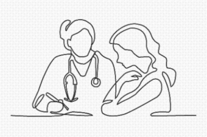 A drawing of a medical professional interacting with a patient
